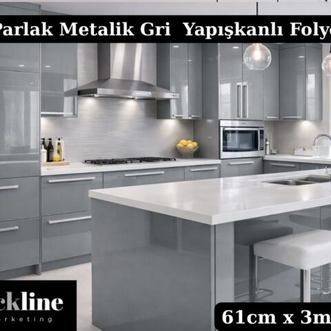 Parlak Metalik Gri Yapışkanlı Folyo Mutfak Buzdolabı ve Mobilya Kaplama Folyosu 61cm x 3m